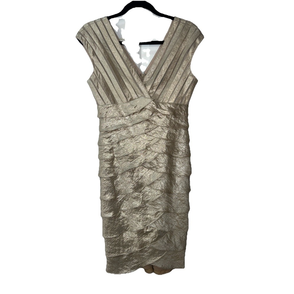 Adrianna Papell Women Cream Gold Layered Dress Size 6 Party, Wedding